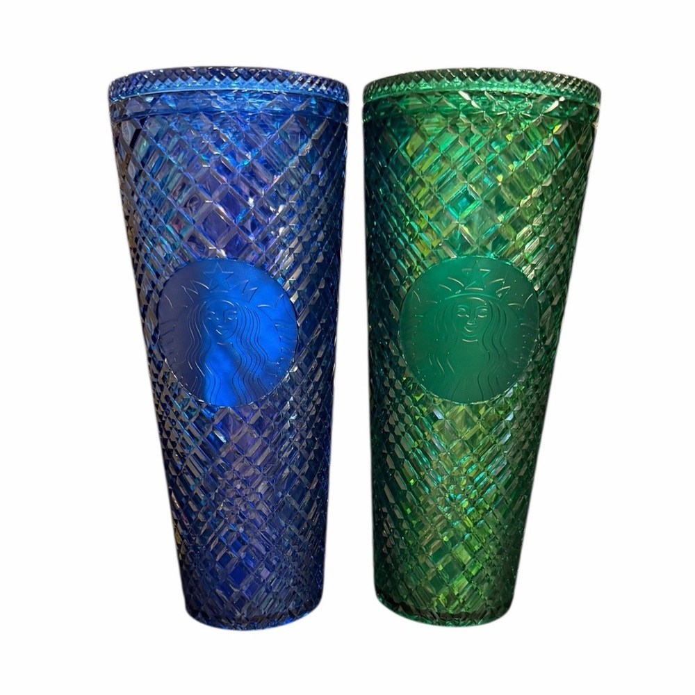 2 Starbucks Holiday 2022 Azure Blue Emerald Green Jeweled 24oz Venti Tumblers